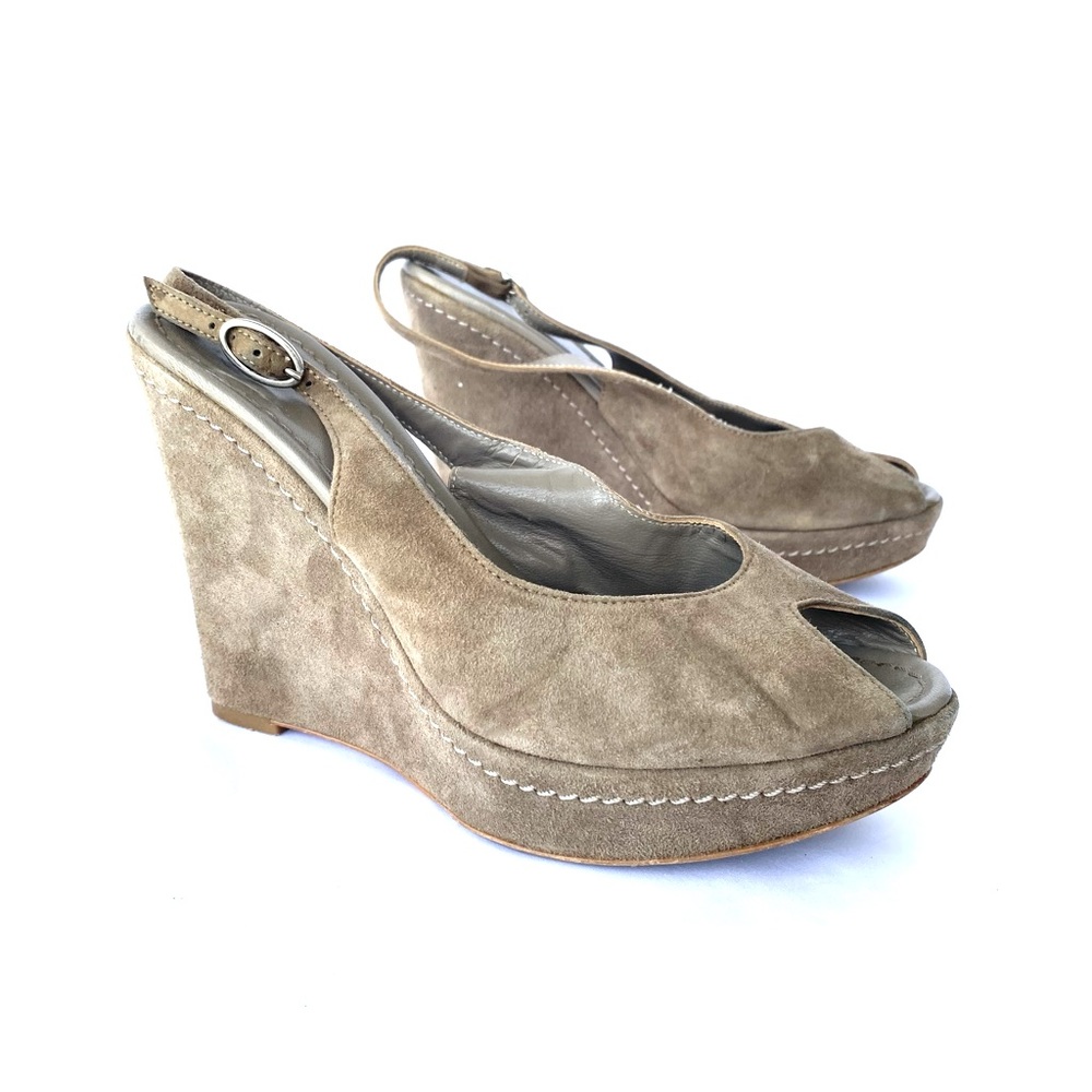 Vintage Davos Gomma Platform Wedge Heels Slingback Peep Toe Taupe Suede